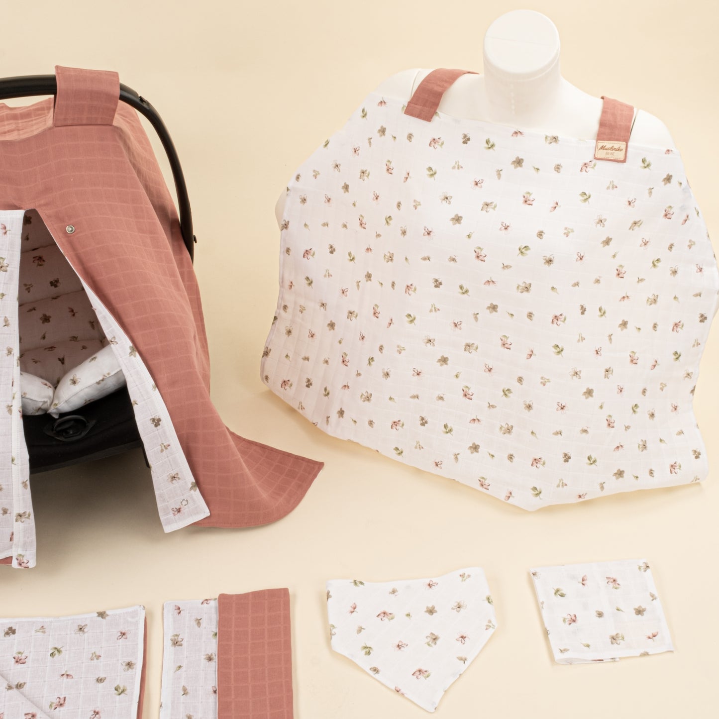 9 Parça Avantajlı Set - Çift Taraflı - Gül Kurusu Muslin - Çiçekler