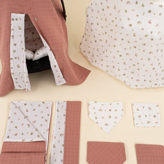 9 Parça Avantajlı Set - Çift Taraflı - Gül Kurusu Muslin - Çiçekler
