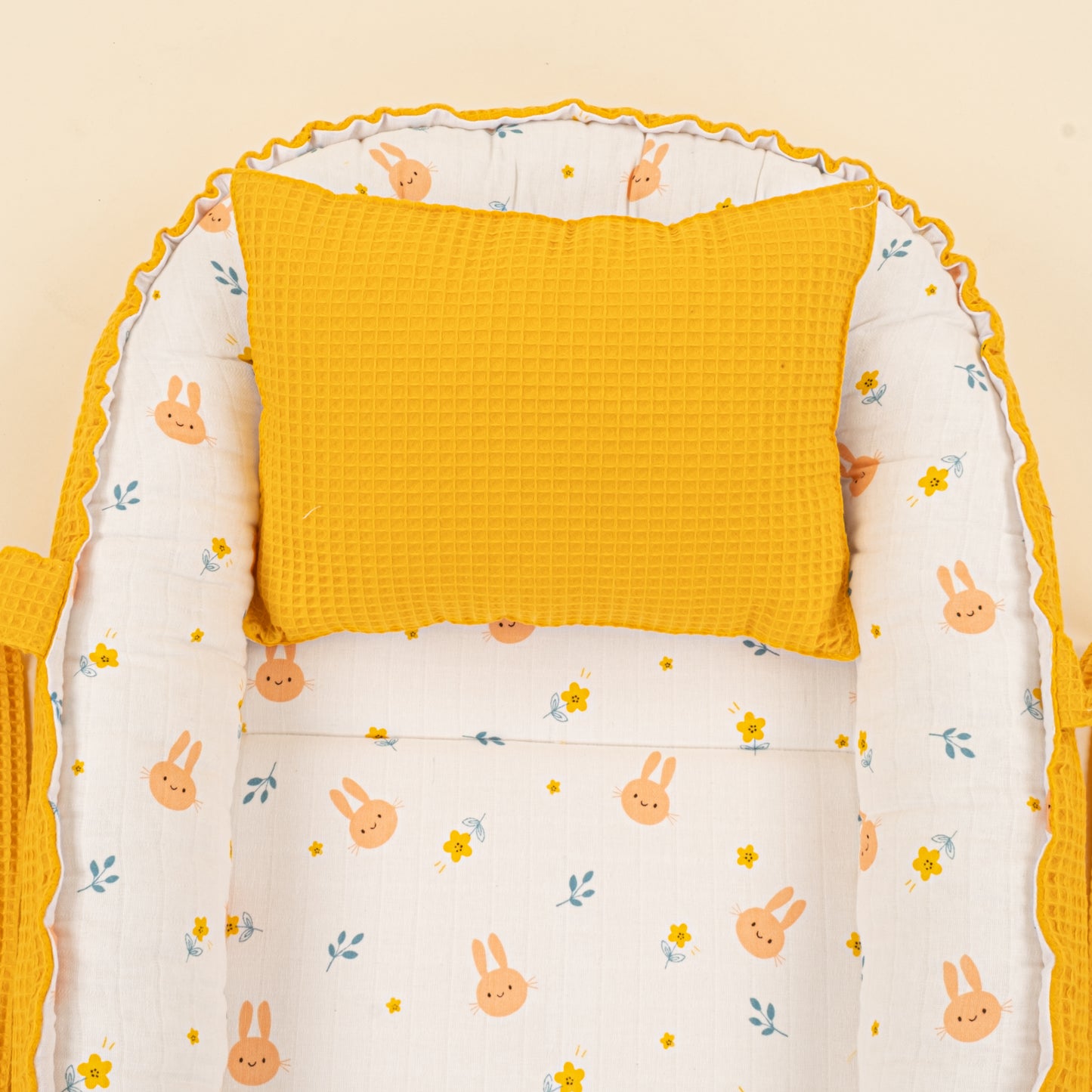 Babynest ve Yastık - Çift Taraflı - Hardal Petek - Turuncu Tavşan