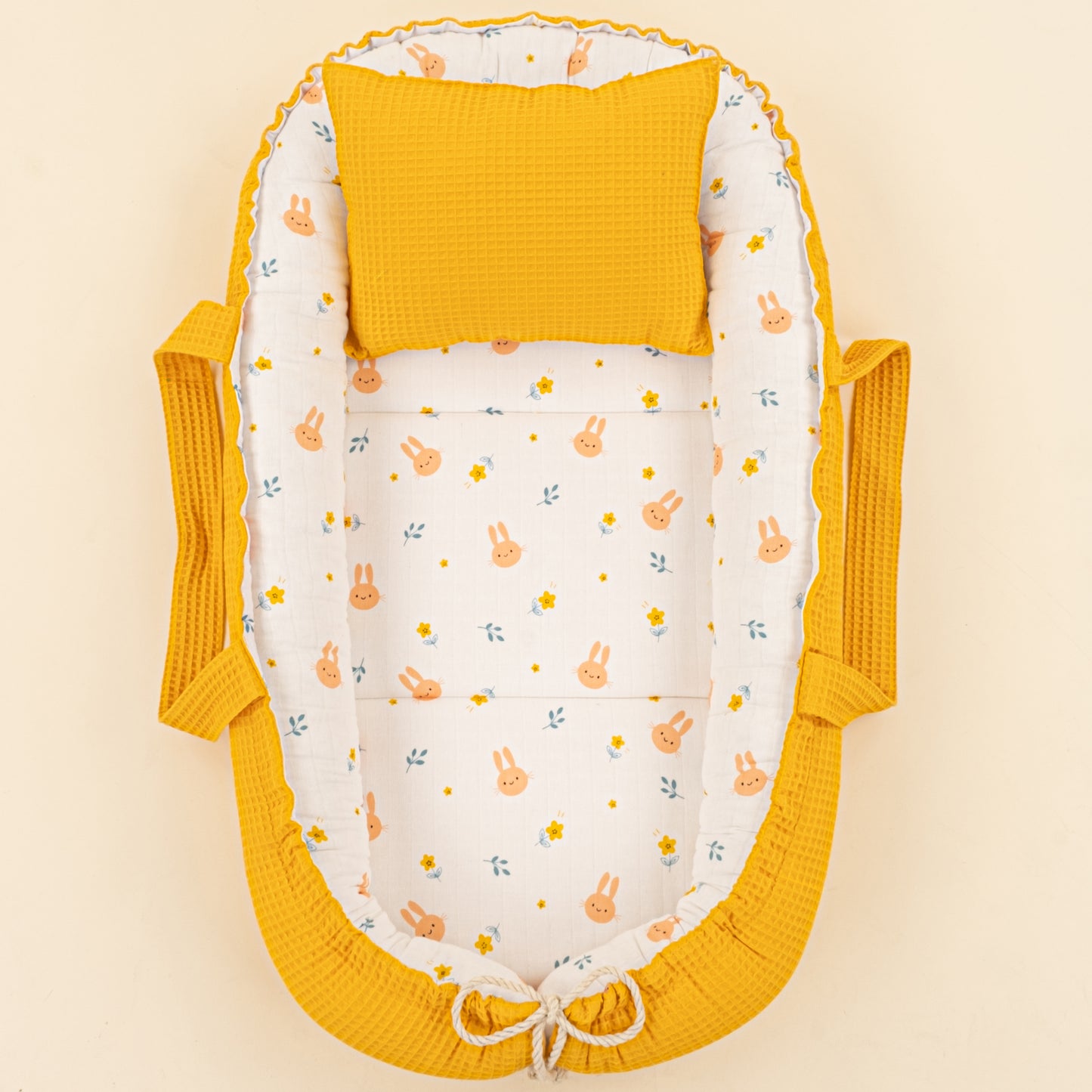 Babynest ve Yastık - Çift Taraflı - Hardal Petek - Turuncu Tavşan