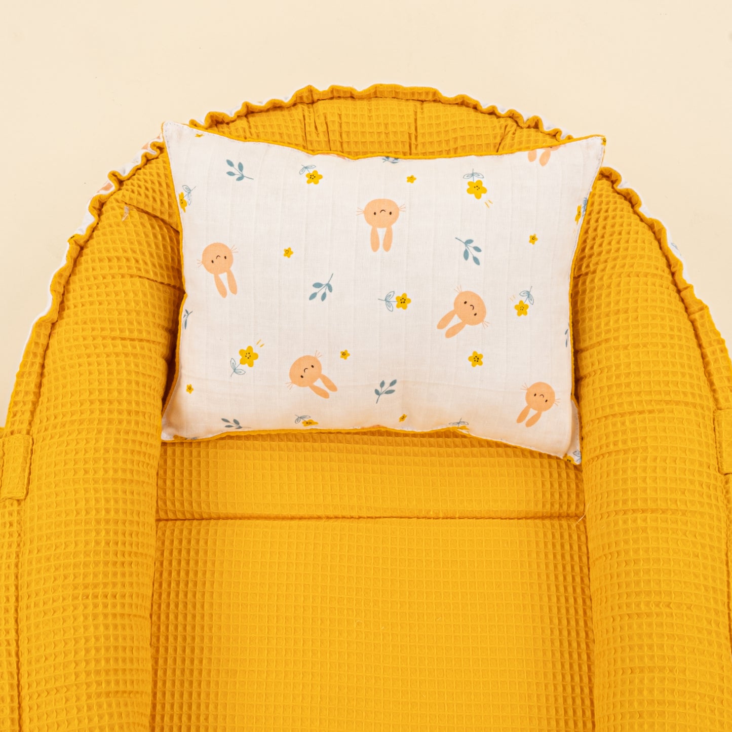 Babynest ve Yastık - Çift Taraflı - Hardal Petek - Turuncu Tavşan