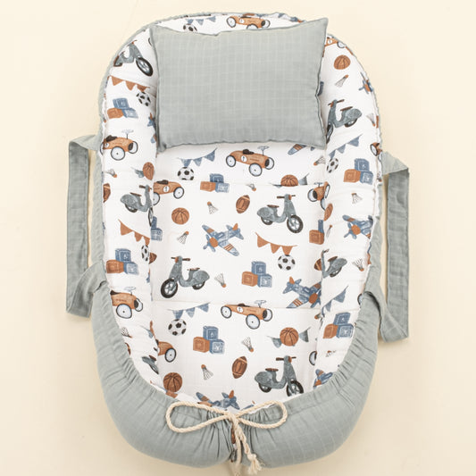 Babynest ve Yastık - Çift Taraflı - Petrol Mavisi Muslin - Araçlar