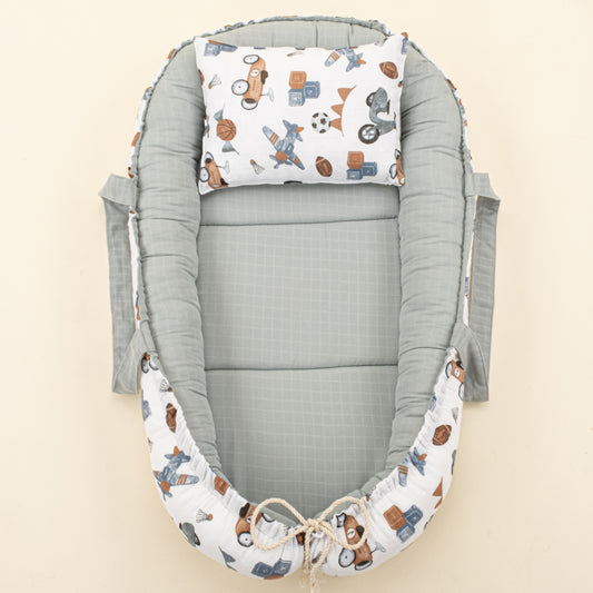 Babynest ve Yastık - Çift Taraflı - Petrol Mavisi Muslin - Araçlar