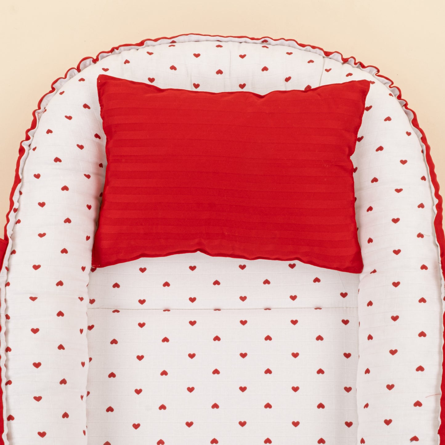 Babynest ve Yastık - Çift Taraflı - Kırmızı Saten - Kırmızı Kalp