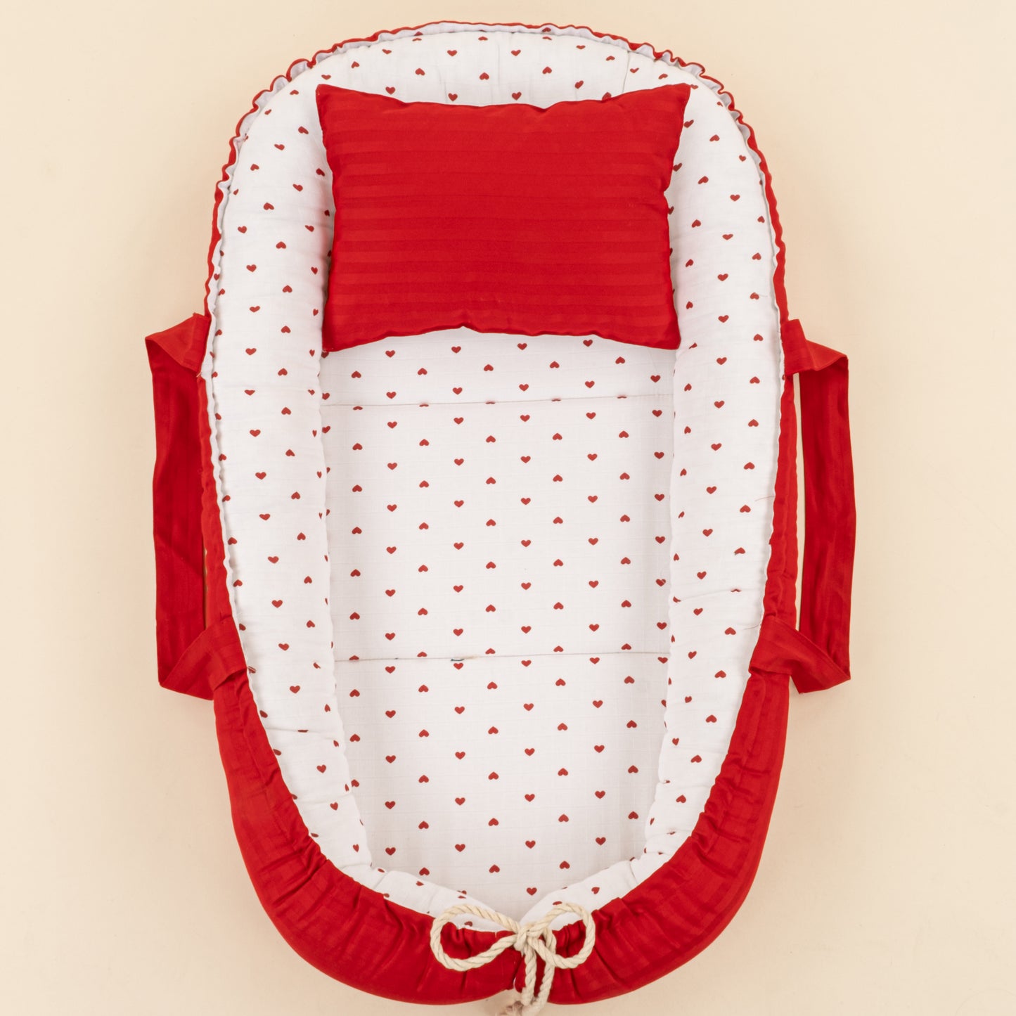 Babynest ve Yastık - Çift Taraflı - Kırmızı Saten - Kırmızı Kalp
