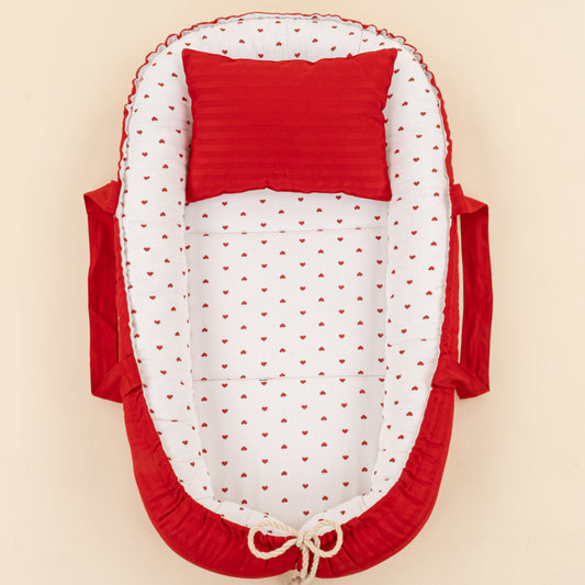 Babynest ve Yastık - Çift Taraflı - Kırmızı Saten - Kırmızı Kalp