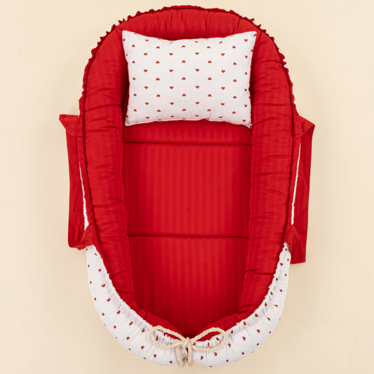 Babynest ve Yastık - Çift Taraflı - Kırmızı Saten - Kırmızı Kalp