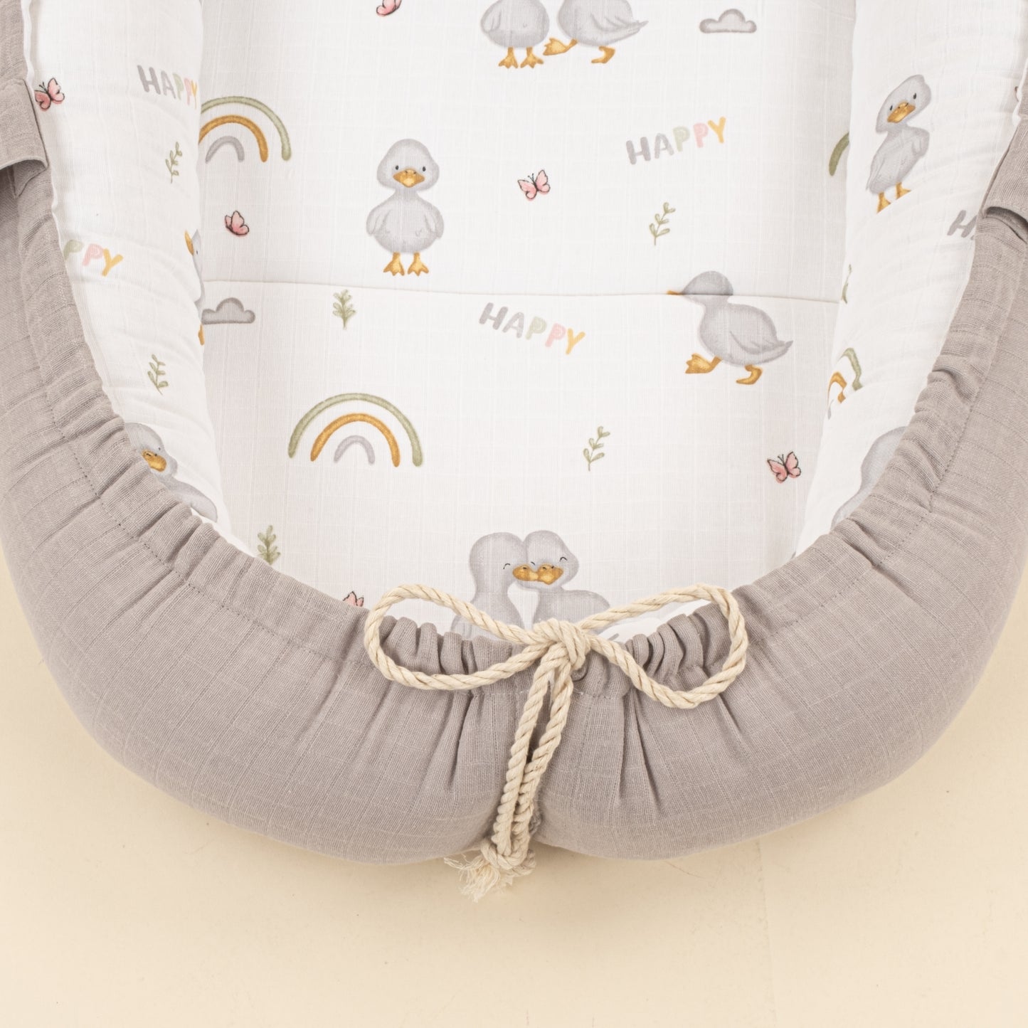 Babynest ve Yastık - Çift Taraflı - Gri Muslin - Ördekler
