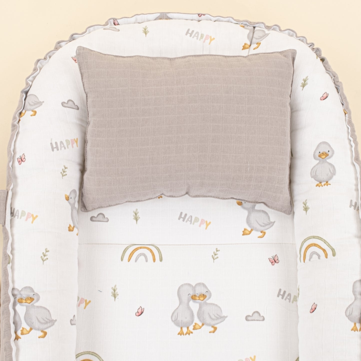 Babynest ve Yastık - Çift Taraflı - Gri Muslin - Ördekler