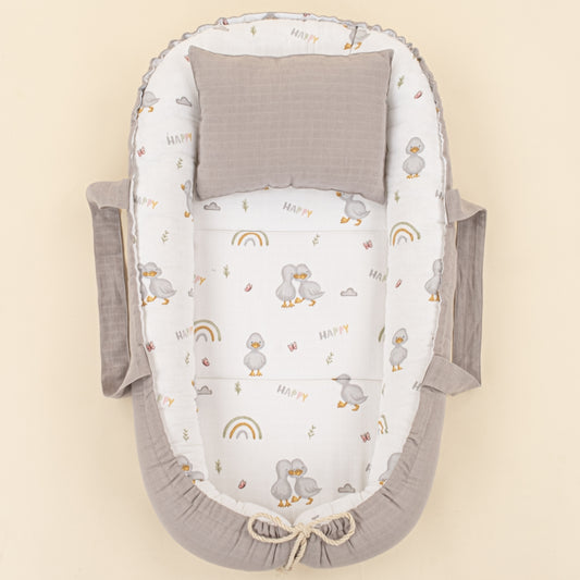 Babynest ve Yastık - Çift Taraflı - Gri Muslin - Ördekler