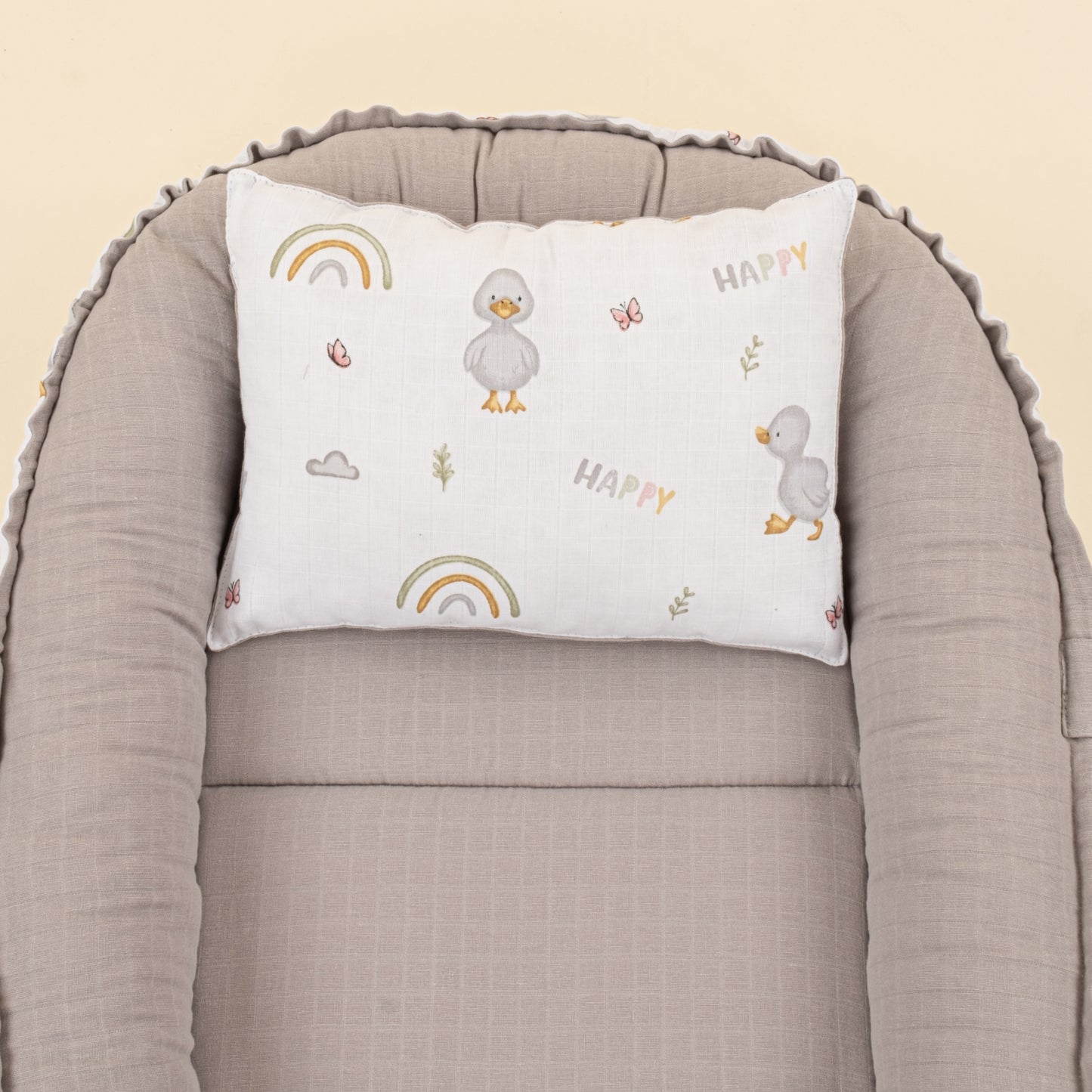 Babynest ve Yastık - Çift Taraflı - Gri Muslin - Ördekler