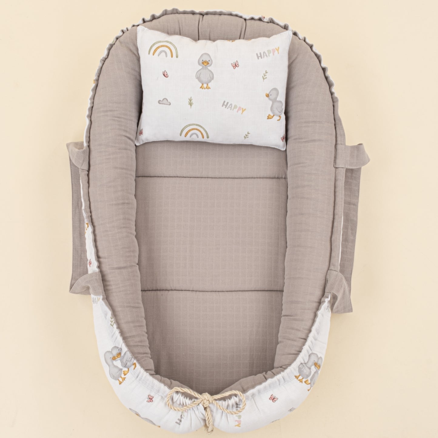 Babynest ve Yastık - Çift Taraflı - Gri Muslin - Ördekler