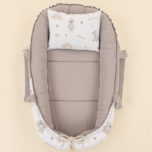Babynest ve Yastık - Çift Taraflı - Gri Muslin - Ördekler