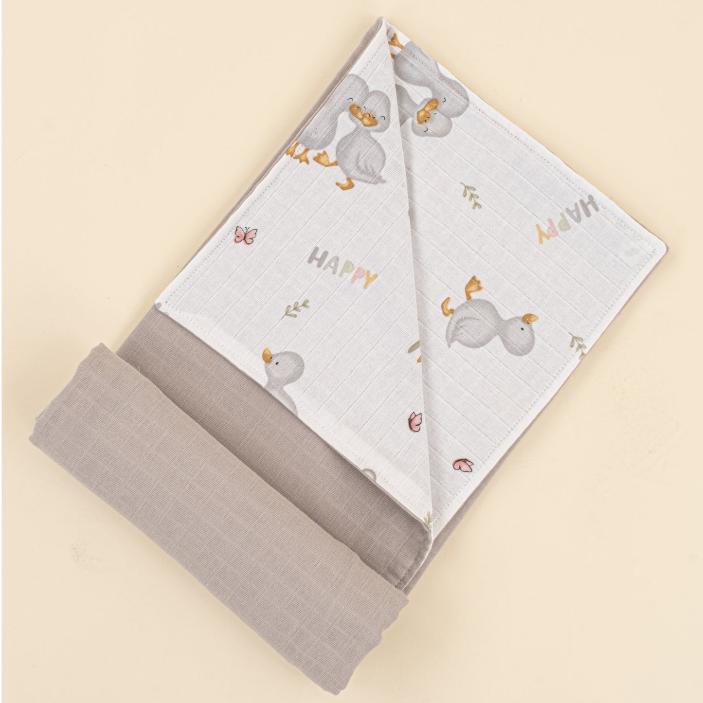 Çift Taraflı Muslin Örtü - Gri Muslin - Ördekler