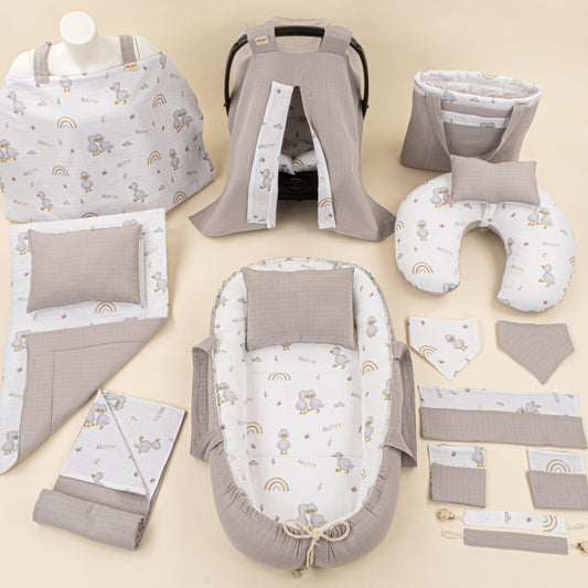 18 Parça Full Set - Çift Taraflı - Gri Muslin - Ördekler