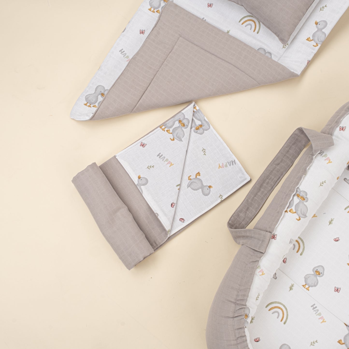 18 Parça Full Set - Çift Taraflı - Gri Muslin - Ördekler
