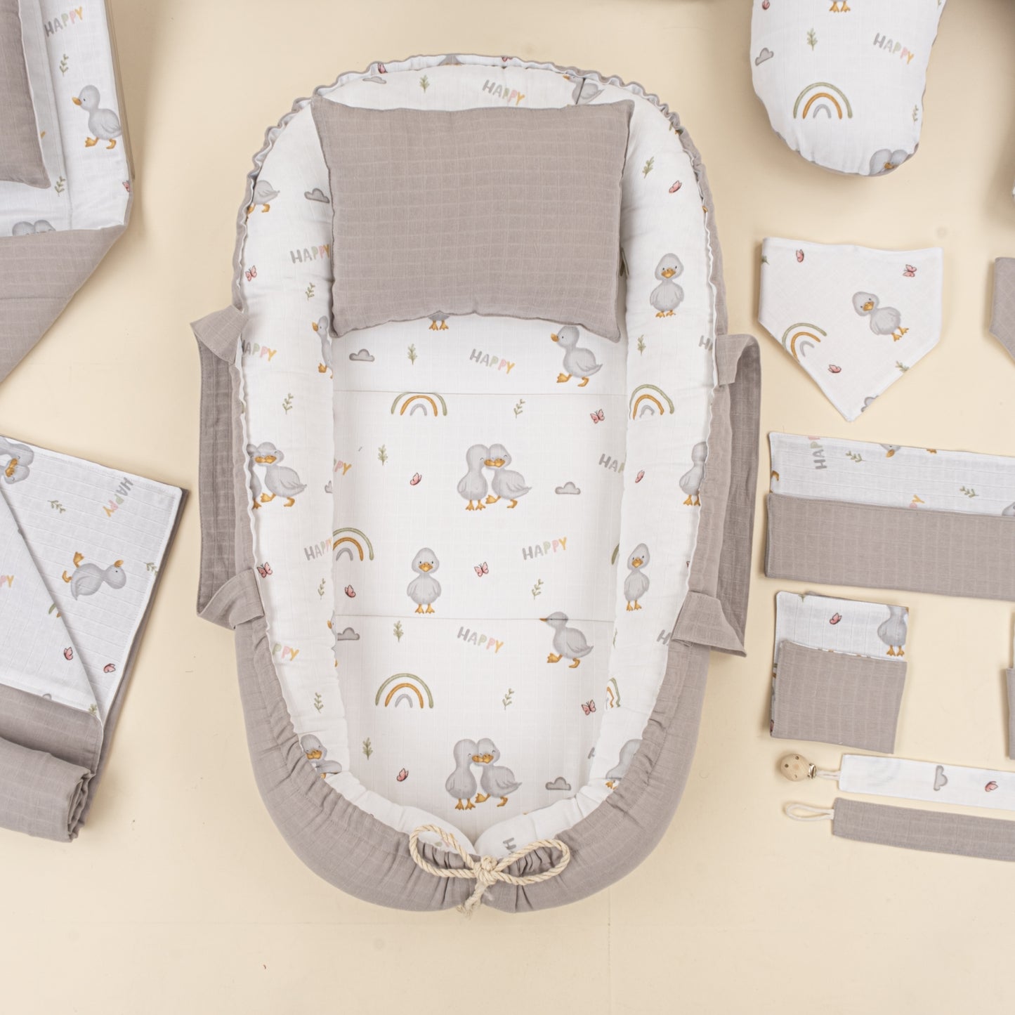18 Parça Full Set - Çift Taraflı - Gri Muslin - Ördekler