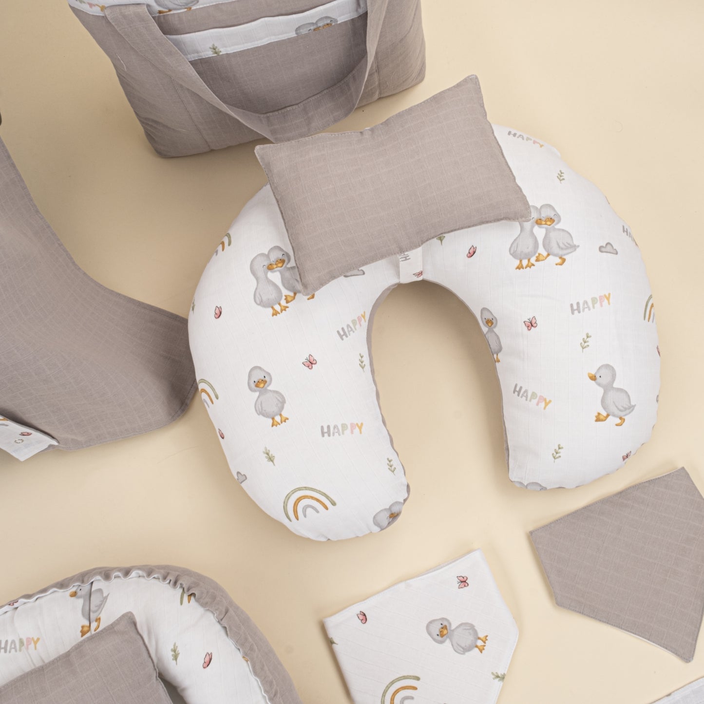 18 Parça Full Set - Çift Taraflı - Gri Muslin - Ördekler