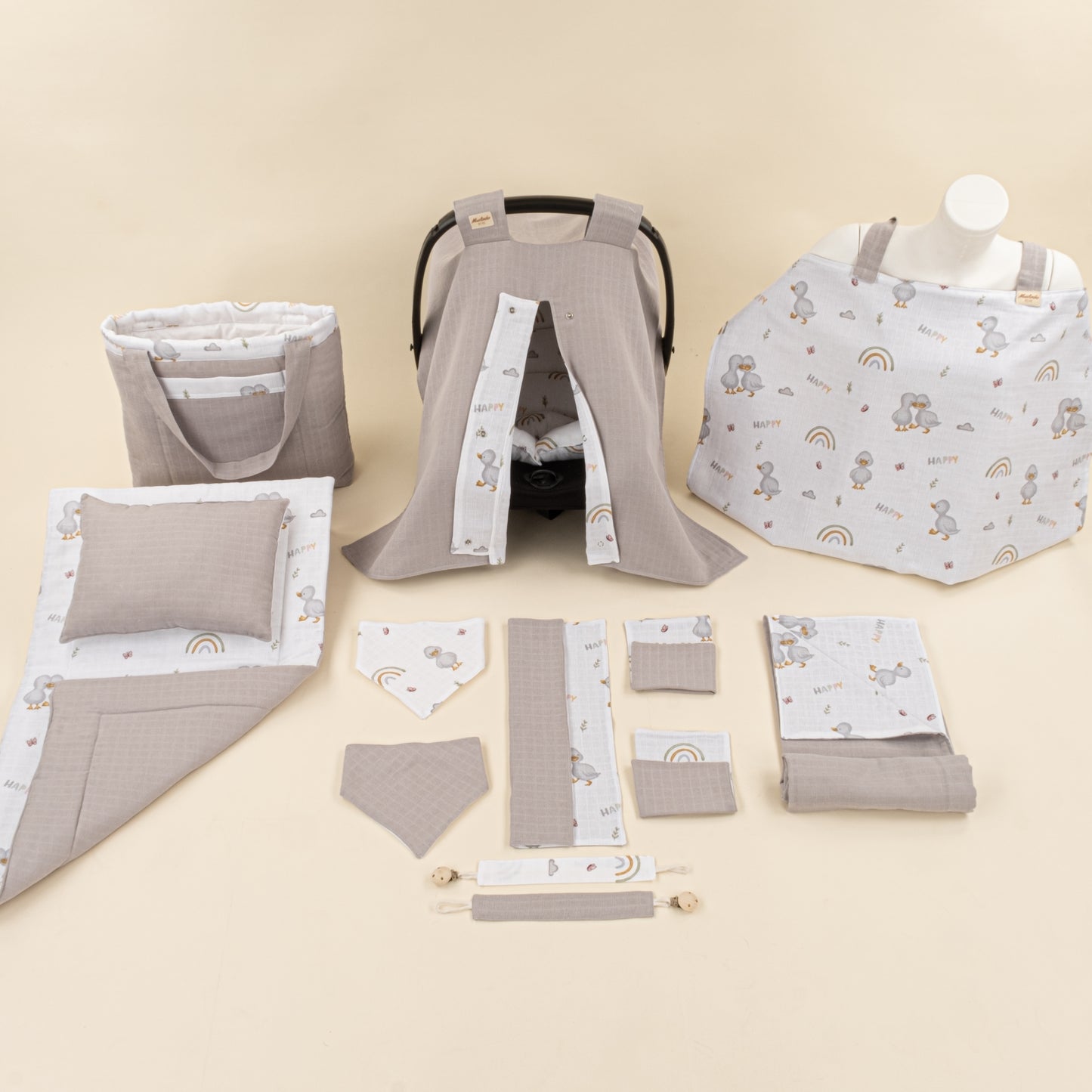 14 Parça Avantajlı Set - Çift Taraflı - Gri Muslin - Ördekler