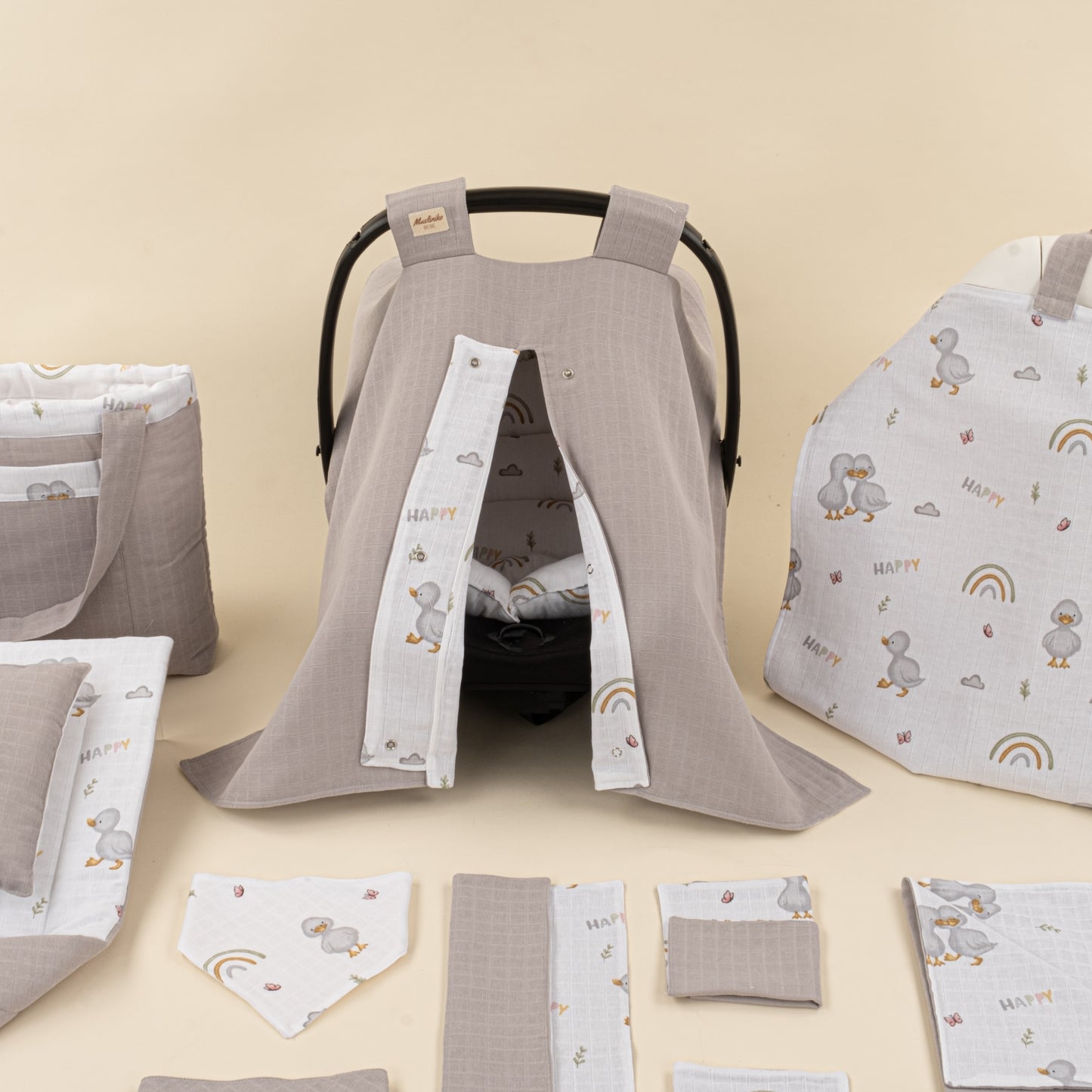 14 Parça Avantajlı Set - Çift Taraflı - Gri Muslin - Ördekler