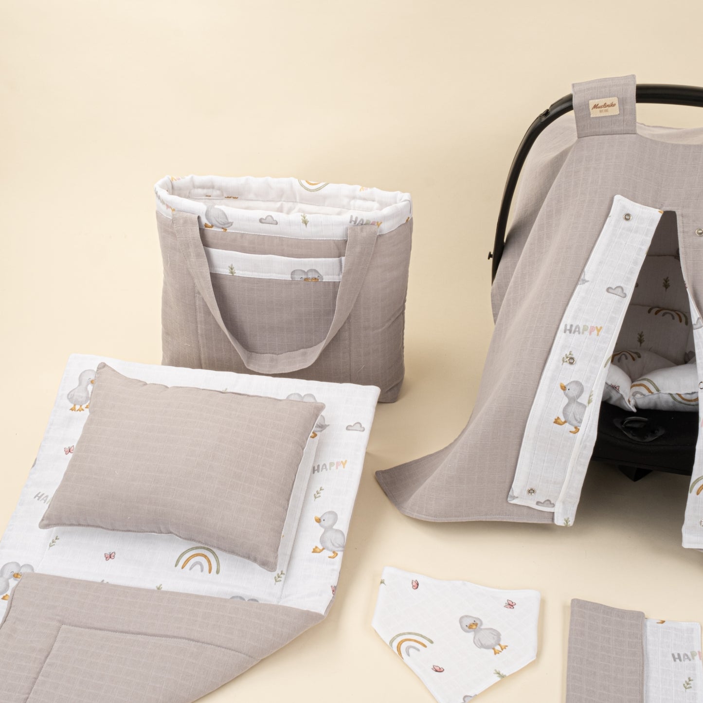 14 Parça Avantajlı Set - Çift Taraflı - Gri Muslin - Ördekler
