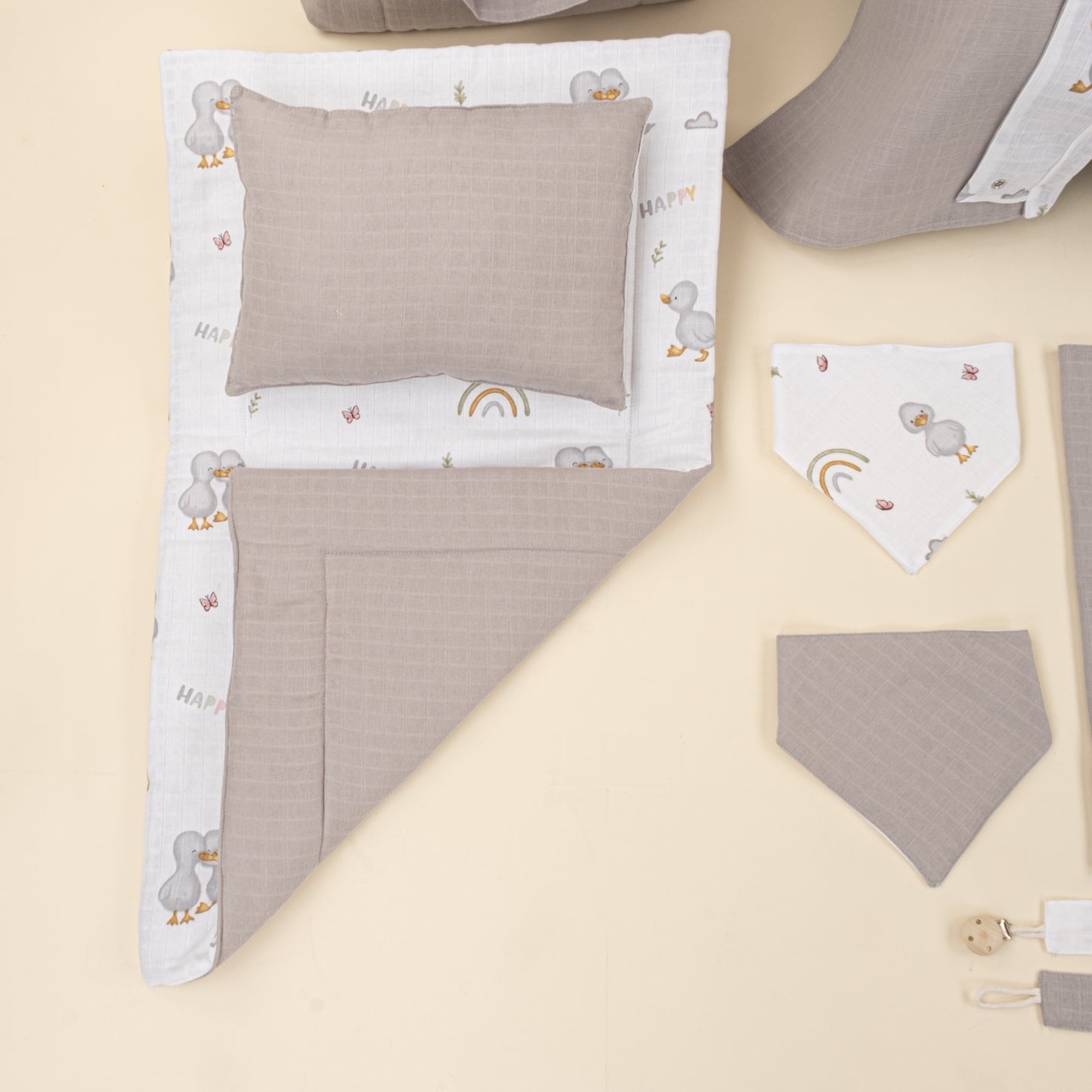 14 Parça Avantajlı Set - Çift Taraflı - Gri Muslin - Ördekler
