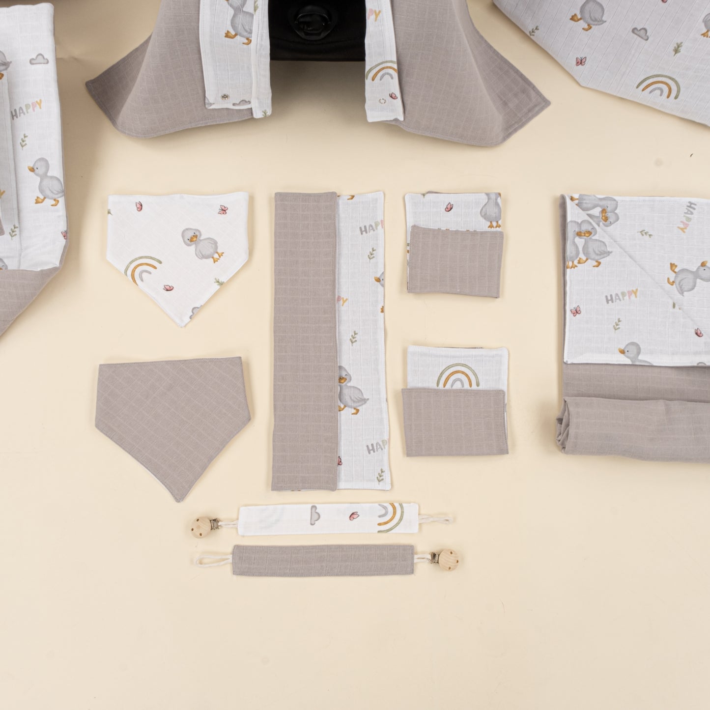 14 Parça Avantajlı Set - Çift Taraflı - Gri Muslin - Ördekler