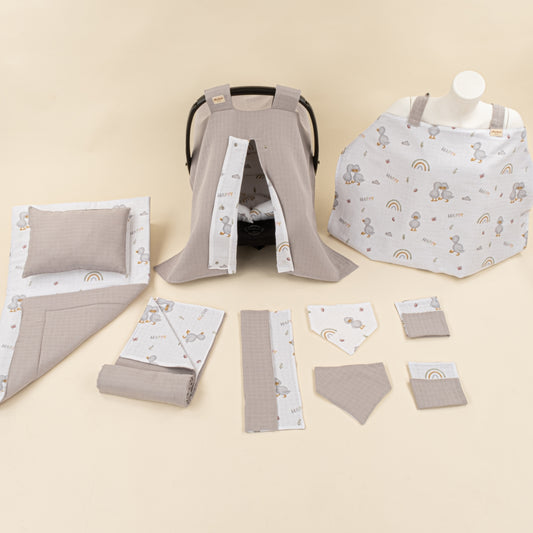 11 Parça Avantajlı Set - Çift Taraflı - Gri Muslin - Ördekler