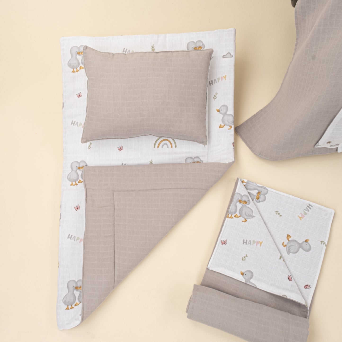 11 Parça Avantajlı Set - Çift Taraflı - Gri Muslin - Ördekler