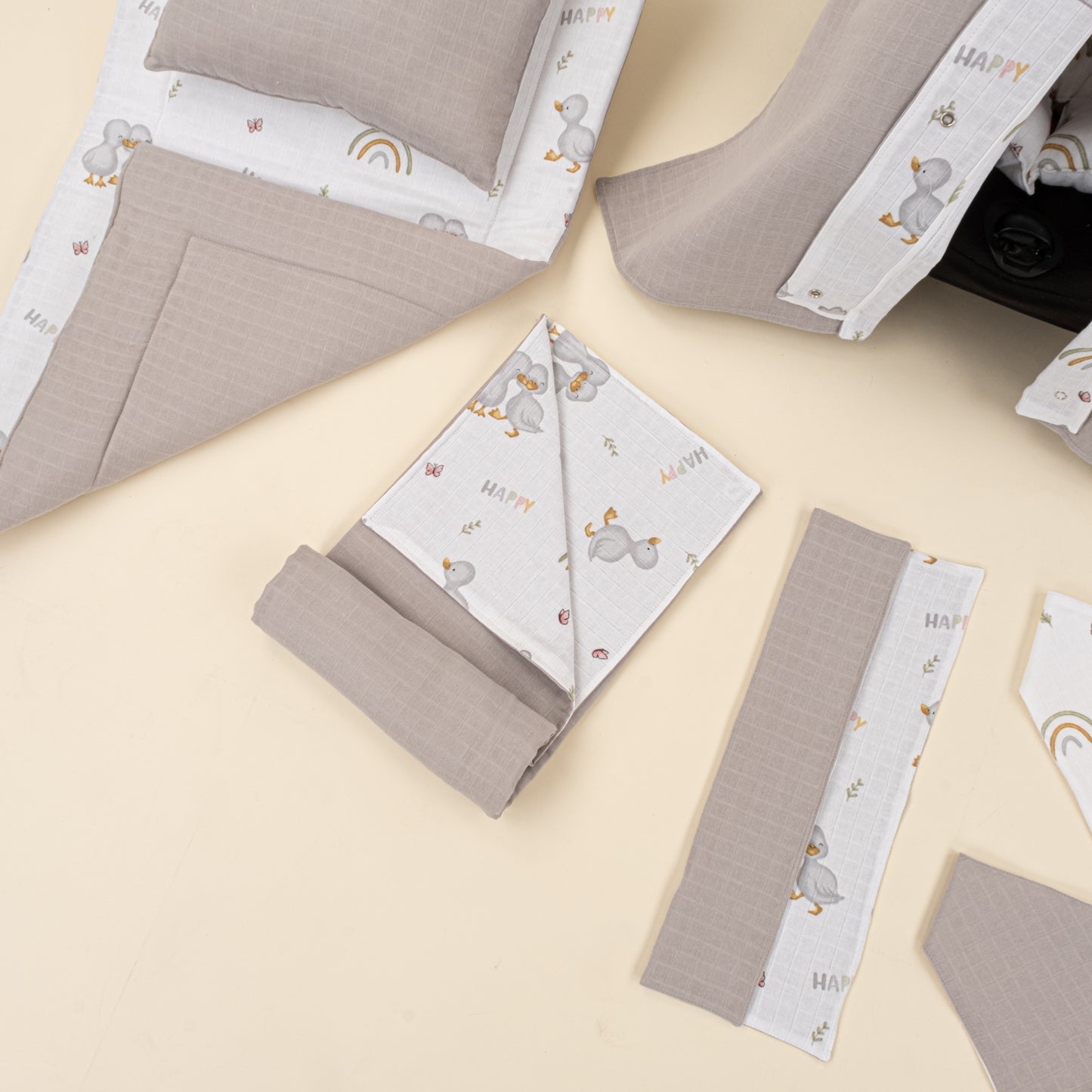 11 Parça Avantajlı Set - Çift Taraflı - Gri Muslin - Ördekler