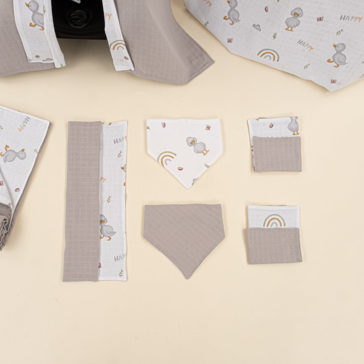 11 Parça Avantajlı Set - Çift Taraflı - Gri Muslin - Ördekler