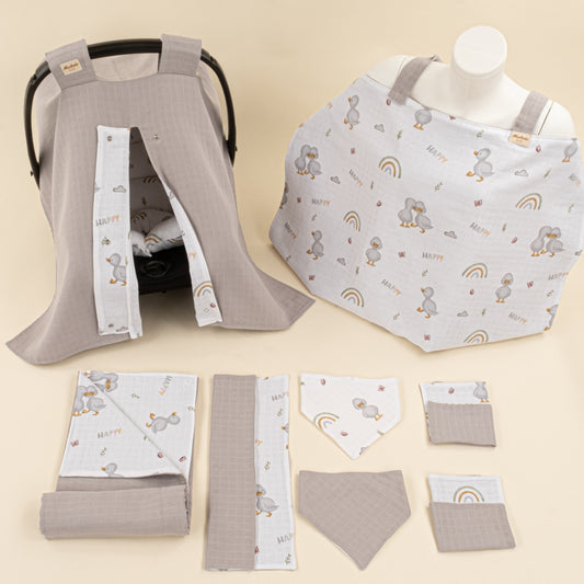 9 Parça Avantajlı Set - Çift Taraflı - Gri Muslin - Ördekler