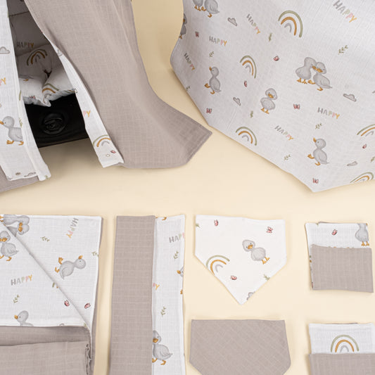 9 Parça Avantajlı Set - Çift Taraflı - Gri Muslin - Ördekler
