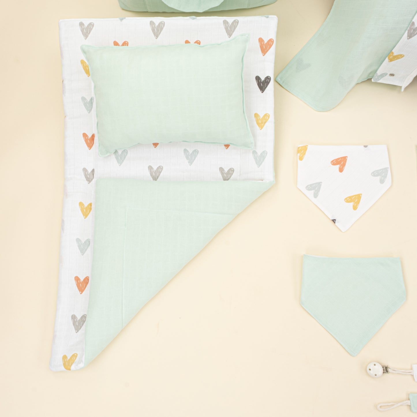 14 Parça Avantajlı Set - Çift Taraflı - Su Yeşili Muslin - Kalpler