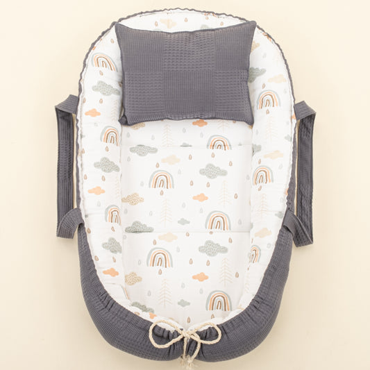 Babynest ve Yastık - Çift Taraflı - Antrasit Waffle - Yeşil Gökkuşağı