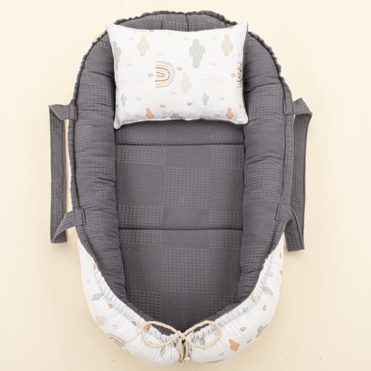 Babynest ve Yastık - Çift Taraflı - Antrasit Waffle - Yeşil Gökkuşağı