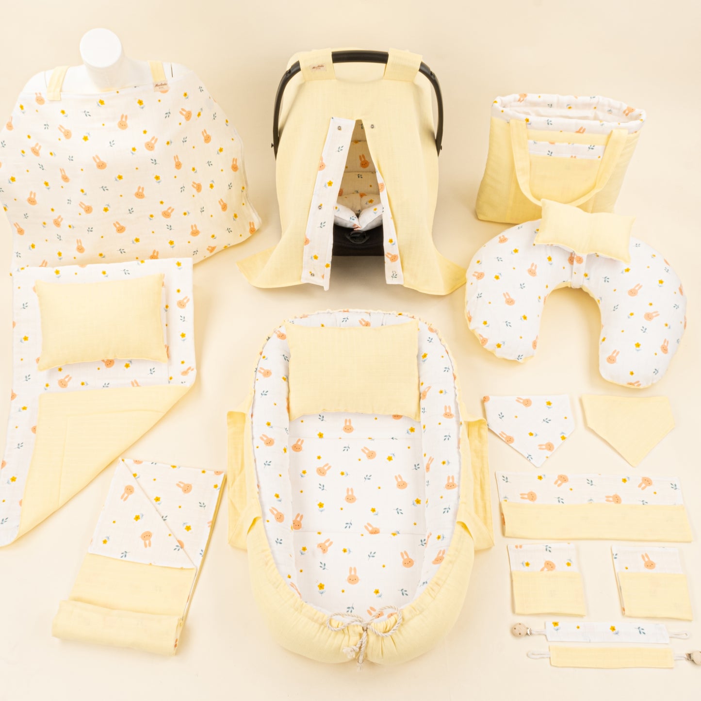 18 Parça Full Set - Çift Taraflı - Sarı Muslin - Turuncu Tavşan