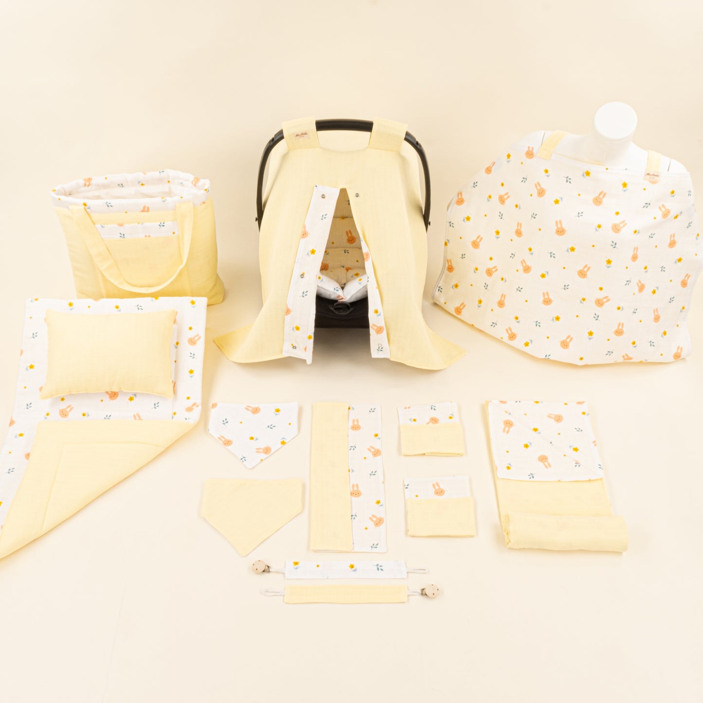 14 Parça Avantajlı Set - Çift Taraflı - Sarı Muslin - Turuncu Tavşan