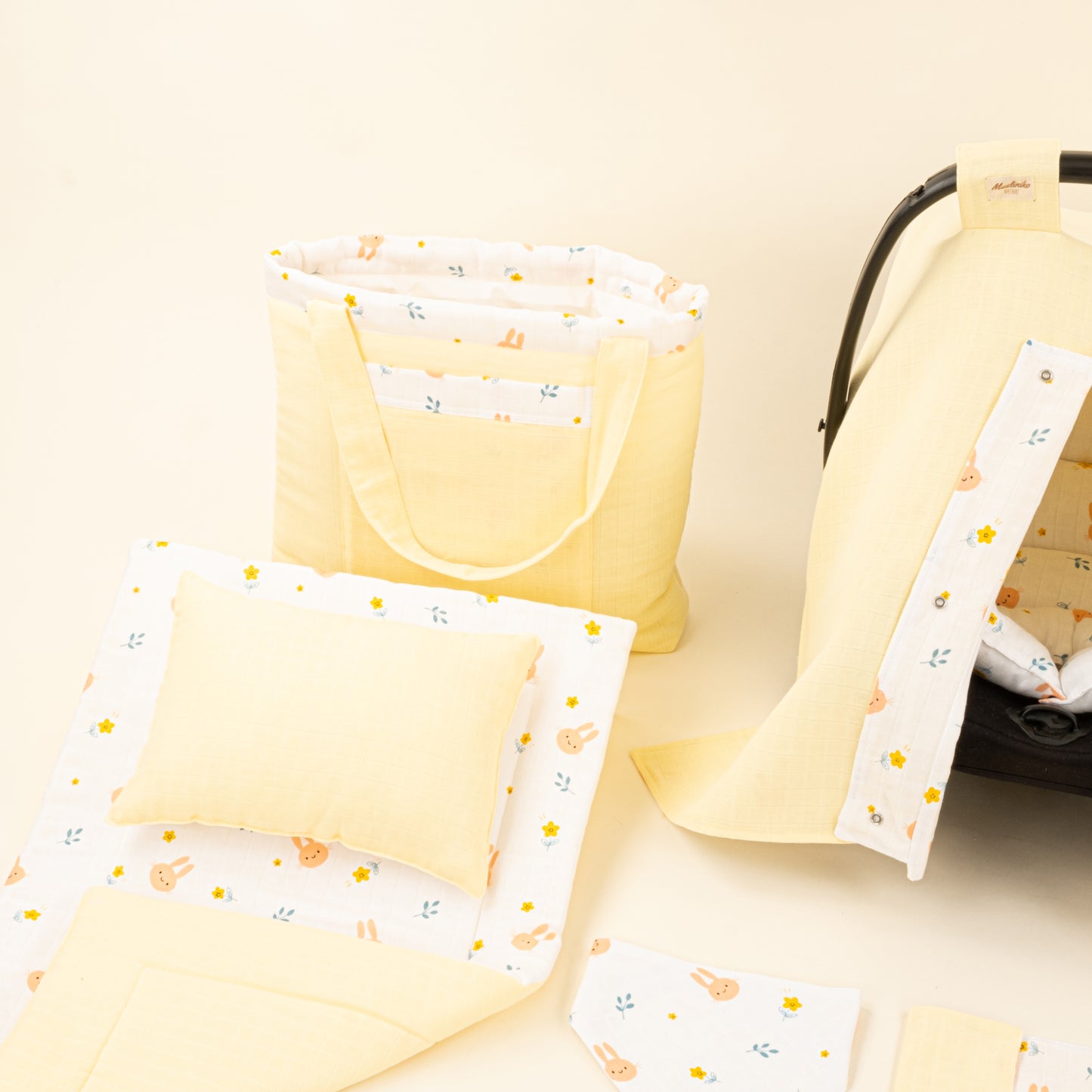 14 Parça Avantajlı Set - Çift Taraflı - Sarı Muslin - Turuncu Tavşan