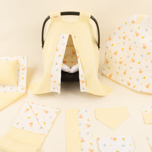11 Parça Avantajlı Set - Çift Taraflı - Sarı Muslin - Turuncu Tavşan