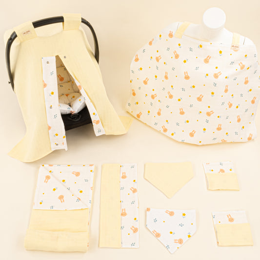 9 Parça Avantajlı Set - Çift Taraflı - Sarı Muslin - Turuncu Tavşan
