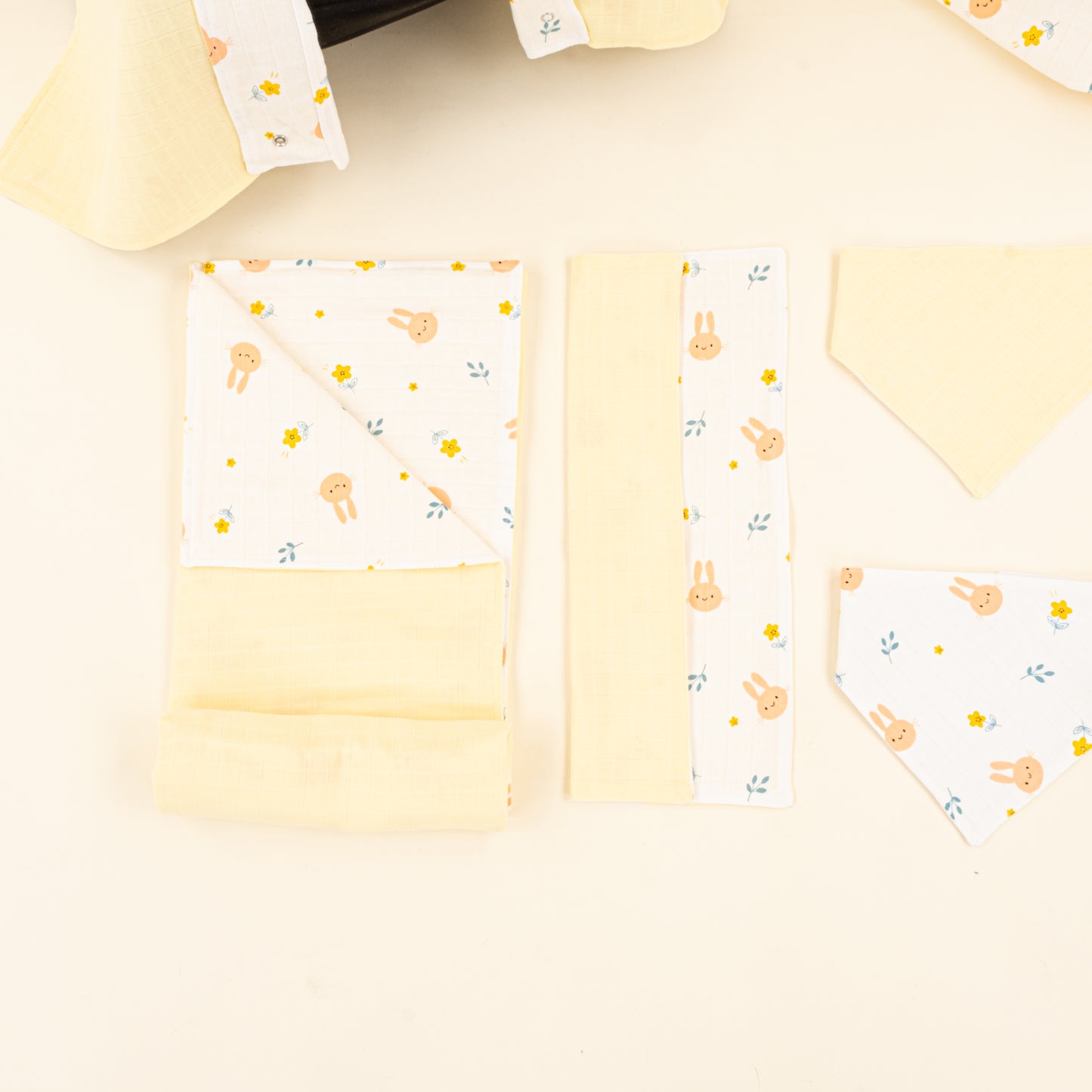 9 Parça Avantajlı Set - Çift Taraflı - Sarı Muslin - Turuncu Tavşan