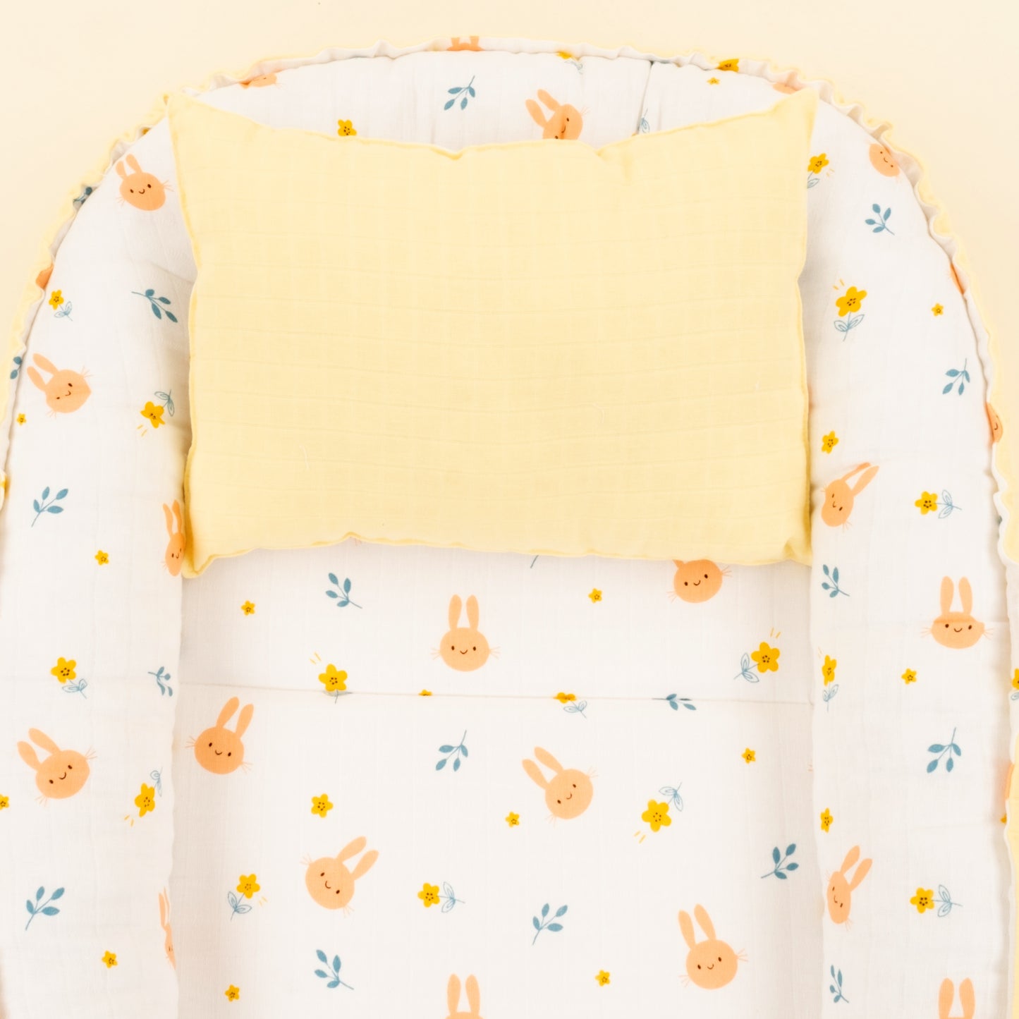 Babynest ve Yastık - Çift Taraflı - Sarı Muslin - Turuncu Tavşan