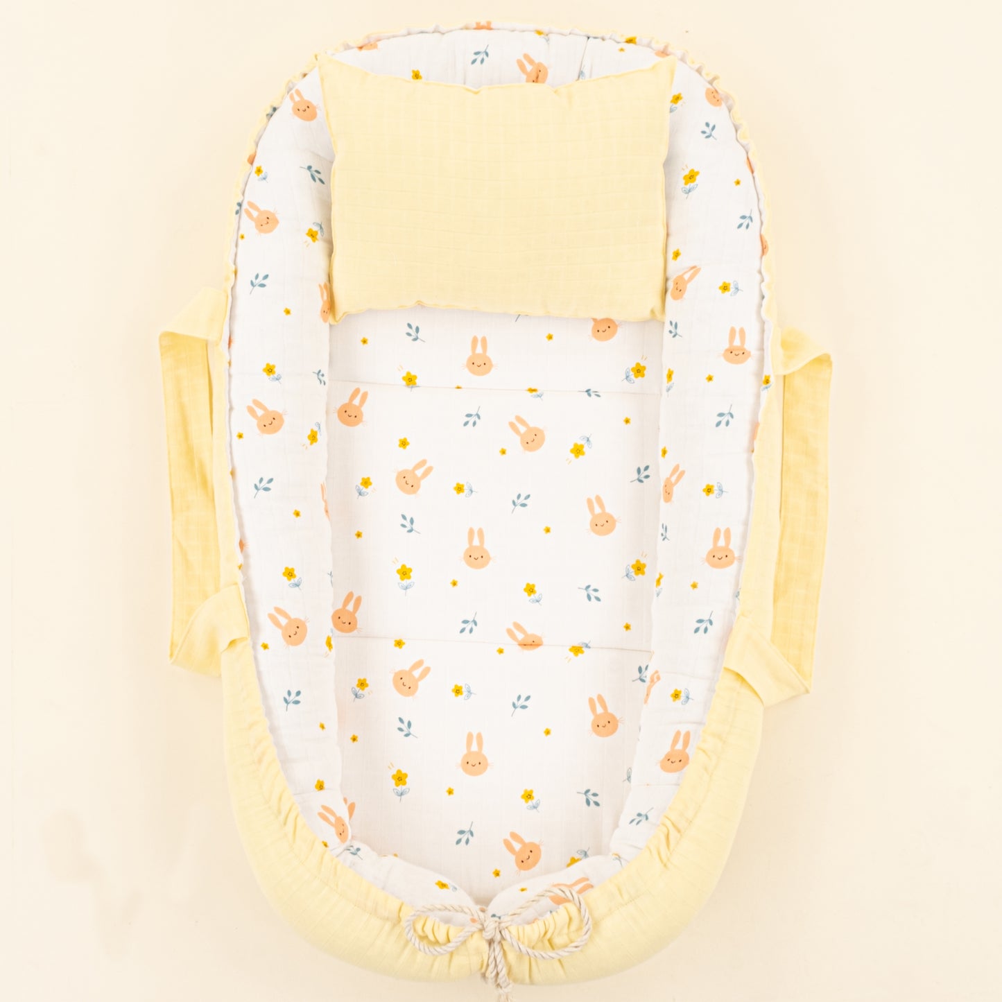 Babynest ve Yastık - Çift Taraflı - Sarı Muslin - Turuncu Tavşan