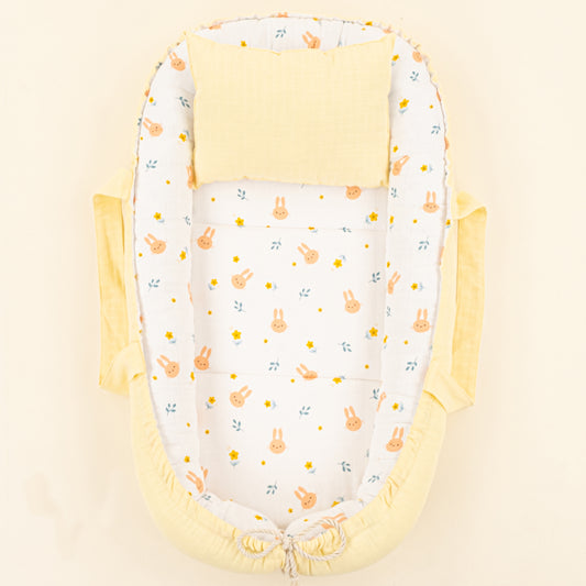Babynest ve Yastık - Çift Taraflı - Sarı Muslin - Turuncu Tavşan