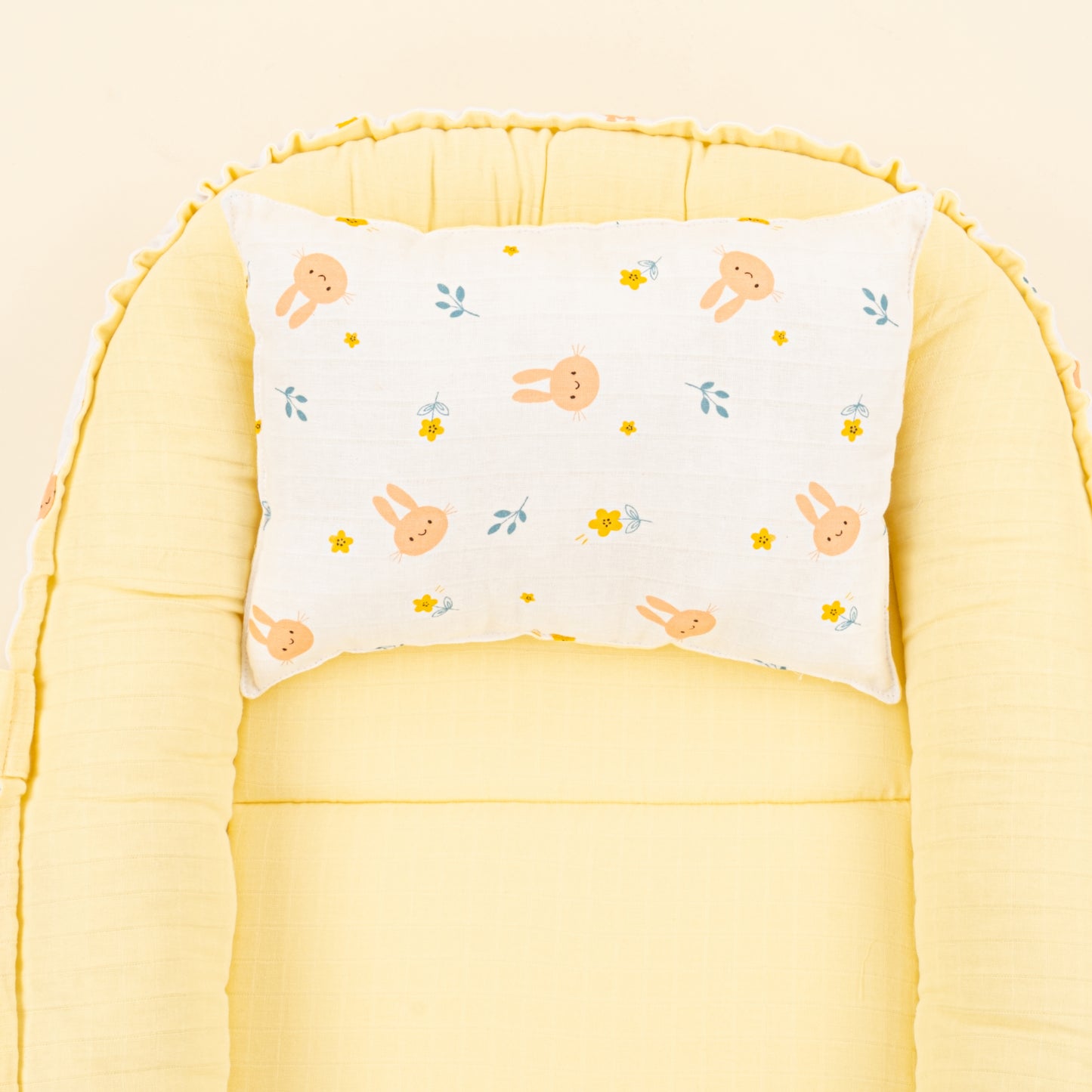 Babynest ve Yastık - Çift Taraflı - Sarı Muslin - Turuncu Tavşan