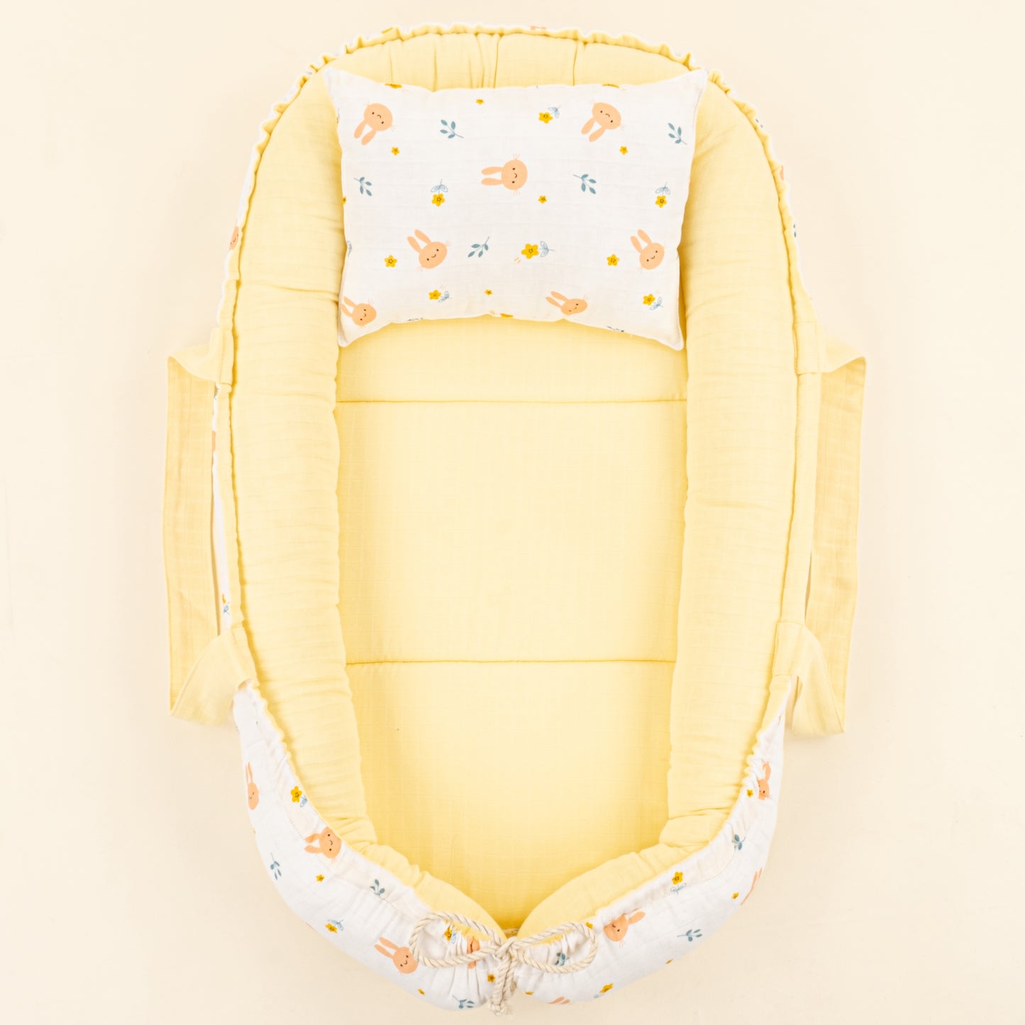 Babynest ve Yastık - Çift Taraflı - Sarı Muslin - Turuncu Tavşan