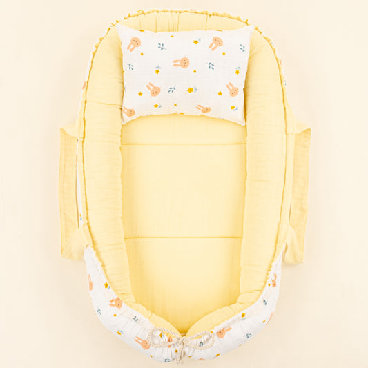 Babynest ve Yastık - Çift Taraflı - Sarı Muslin - Turuncu Tavşan