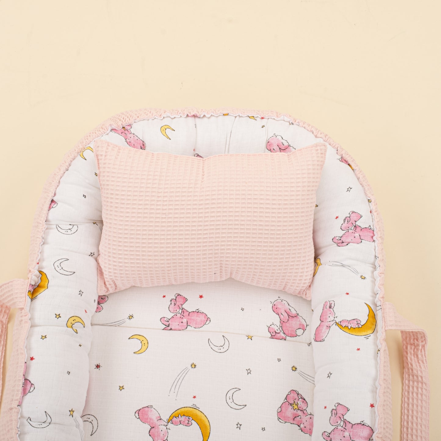 Babynest ve Yastık - Çift Taraflı - Pembe Petek - Pembe Tavşan