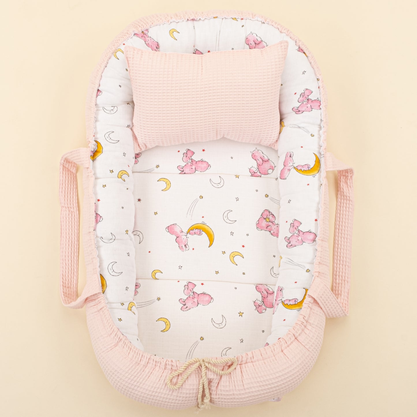 Babynest ve Yastık - Çift Taraflı - Pembe Petek - Pembe Tavşan